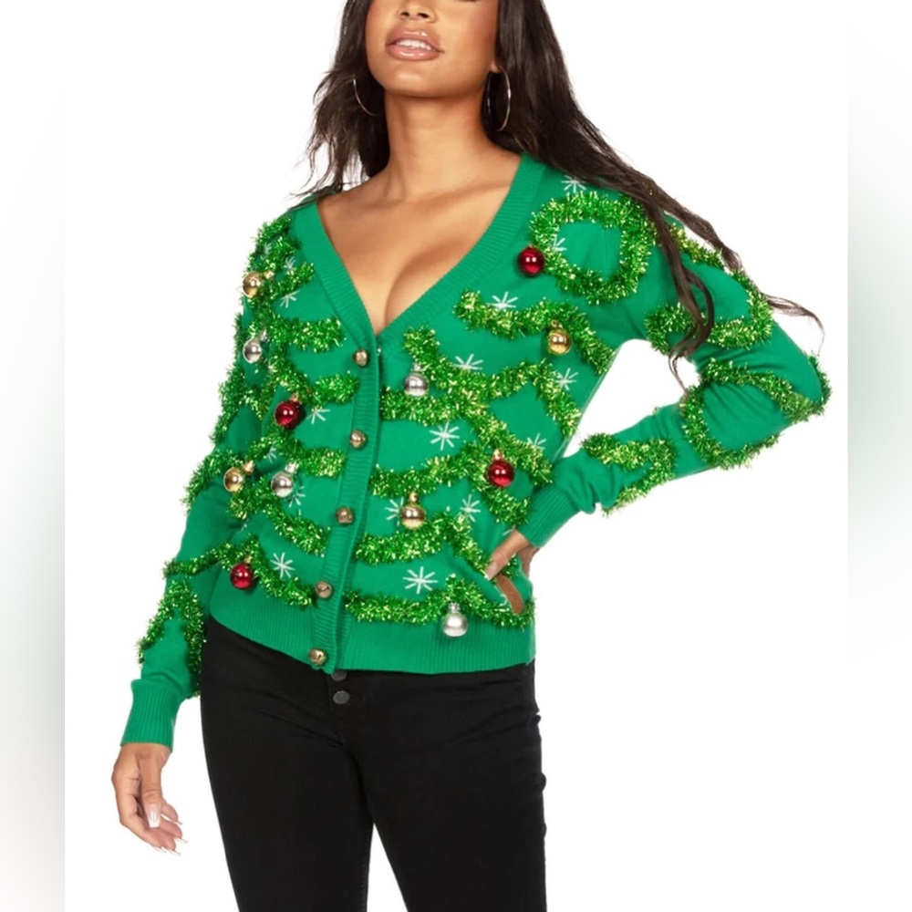 WOMEN'S GAUDY GARLAND UGLY CHRISTMAS CARDIGAN SWEATER, size XXL, NWOT